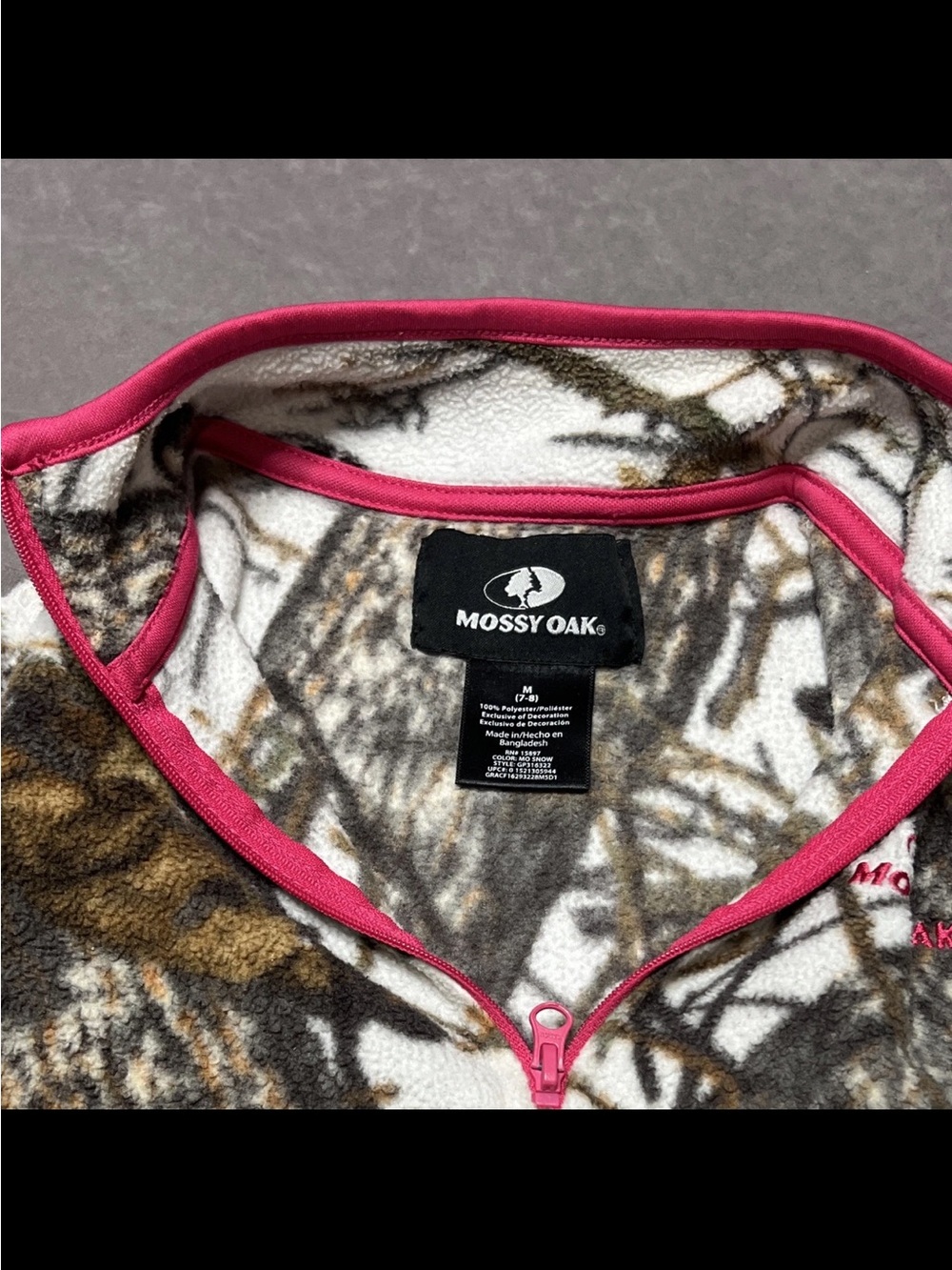Mossy Oak Camo Kids Fleece Pajama Top with Pink Trim